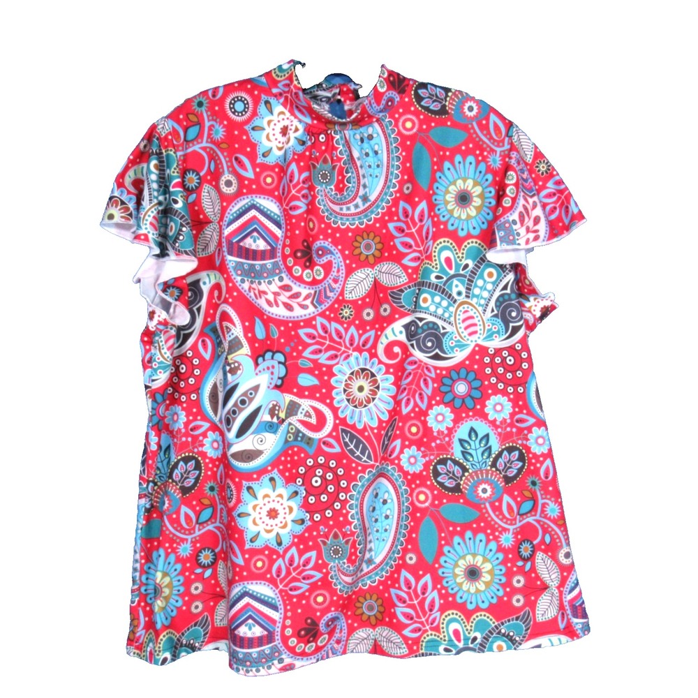 IZURIA Red/Multi PAISLEY Poly-Knit PAISLEY 2-Button FLUTTER SLEEVE Blouse/Top 1X